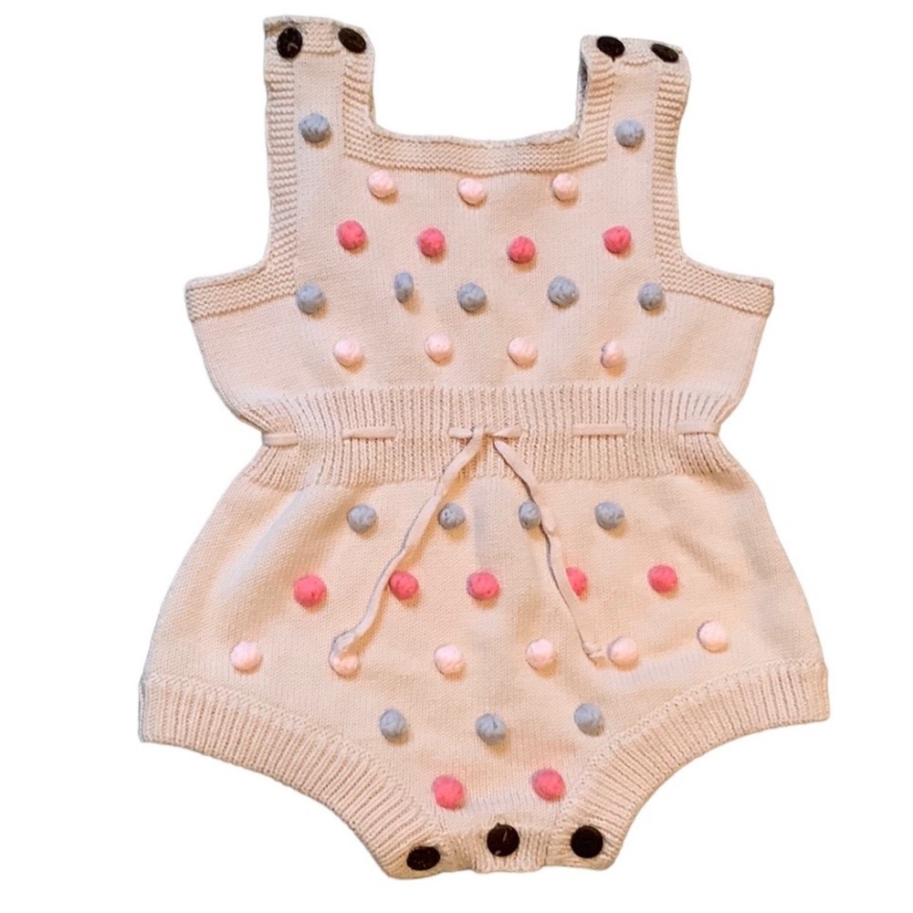 Bubby Bear Knitted Pom Pom Romper Girl’s  6-12 Months Blue Pink Cream
